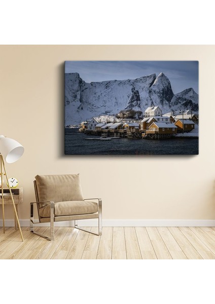 Norveç Evleri - Karlı Dağlar Eteklerinde Balıkçı Köyü Kanvas Tablo