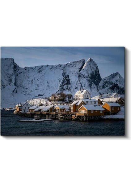 Norveç Evleri - Karlı Dağlar Eteklerinde Balıkçı Köyü Kanvas Tablo fiyatları