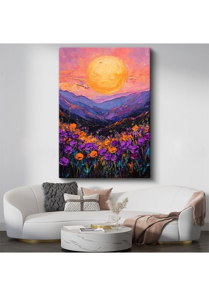 Mor Vadi - Tekstürlü Gün Batımı Manzarası Kanvas Tablo