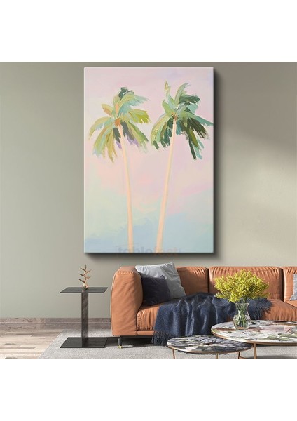 Palmiye Siluetleri - Pastel Tonlarda Minimalist Fırça Darbeleri Kanvas Tablo
