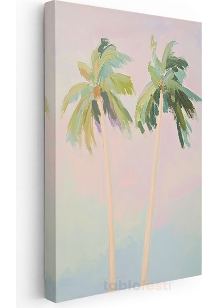 Palmiye Siluetleri - Pastel Tonlarda Minimalist Fırça Darbeleri Kanvas Tablo modelleri
