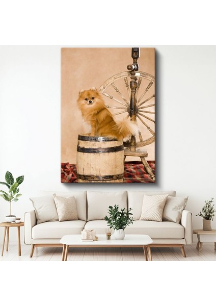 Pomeranian Köpek - Ahşap Fıçı Üzerinde Sevimli Tüylü Dost Kanvas Tablo