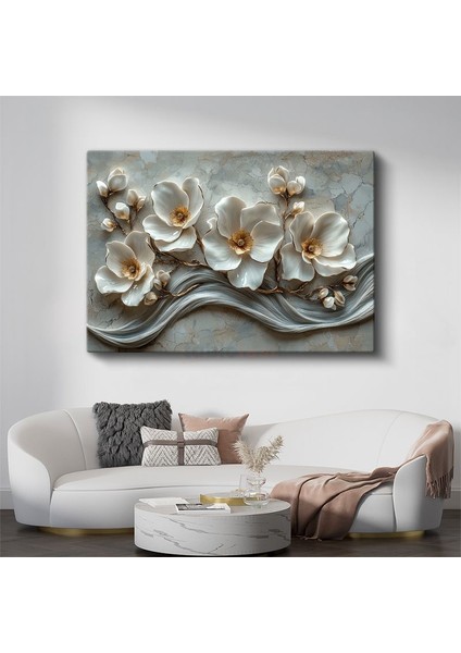 Beyaz Magnolya - Gri Mermer Dokulu Kabartmalı Sanat Kanvas Tablo