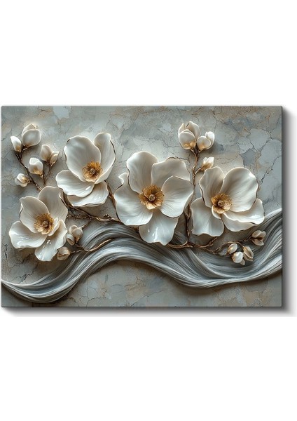 Beyaz Magnolya - Gri Mermer Dokulu Kabartmalı Sanat Kanvas Tablo fiyatları