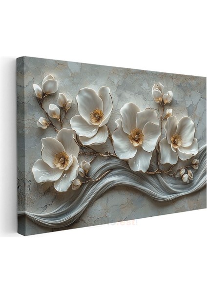 Beyaz Magnolya - Gri Mermer Dokulu Kabartmalı Sanat Kanvas Tablo modelleri