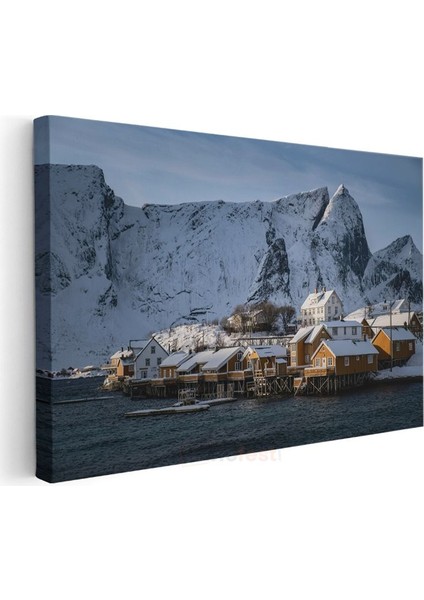 Norveç Evleri - Karlı Dağlar Eteklerinde Balıkçı Köyü Kanvas Tablo modelleri
