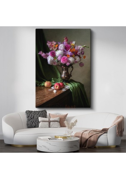 Klasik Çiçek Natürmortu - Bronz Vazoda Krizantem Buketi Kanvas Tablo