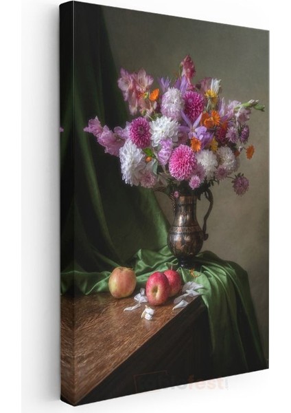 Klasik Çiçek Natürmortu - Bronz Vazoda Krizantem Buketi Kanvas Tablo modelleri