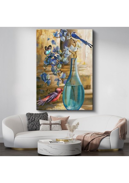 Mavi Orkide - Kuş ve Kelebek Detaylı Egzotik Çiçek Kanvas Tablo