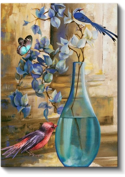 Mavi Orkide - Kuş ve Kelebek Detaylı Egzotik Çiçek Kanvas Tablo fiyatları