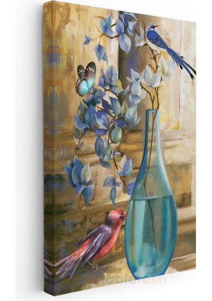 Mavi Orkide - Kuş ve Kelebek Detaylı Egzotik Çiçek Kanvas Tablo modelleri