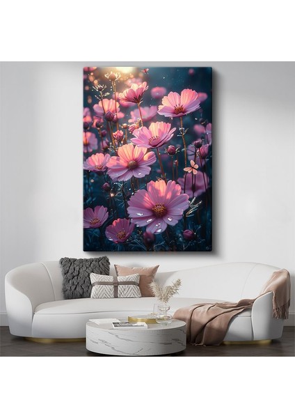 Pembe Kozmos - Gün Batımı Işığında Çiçek Bahçesi Kanvas Tablo
