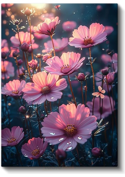 Pembe Kozmos - Gün Batımı Işığında Çiçek Bahçesi Kanvas Tablo fiyatları