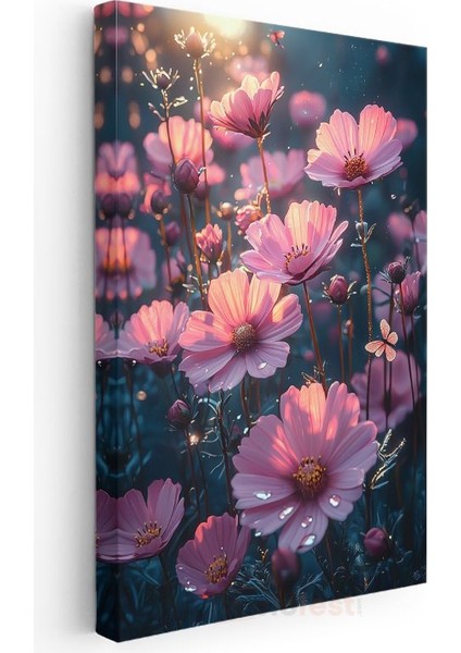 Pembe Kozmos - Gün Batımı Işığında Çiçek Bahçesi Kanvas Tablo modelleri