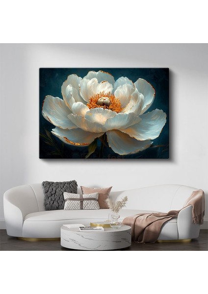 Beyaz Şakayık - Lacivert Fonlu Yağlı Boya Kanvas Tablo