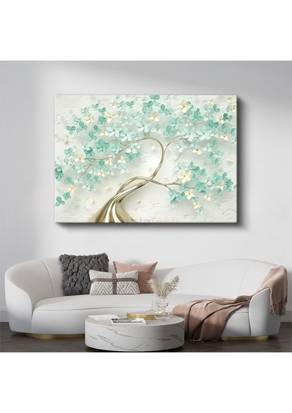 Altın Ağaç - Mint Yeşili Çiçeklerle Süslenmiş Dekoratif Tasarım Kanvas Tablo