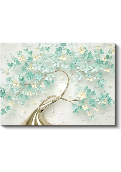 Altın Ağaç - Mint Yeşili Çiçeklerle Süslenmiş Dekoratif Tasarım Kanvas Tablo fiyatları