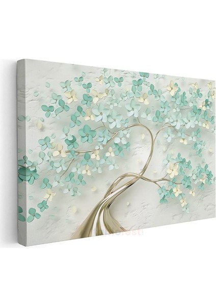 Altın Ağaç - Mint Yeşili Çiçeklerle Süslenmiş Dekoratif Tasarım Kanvas Tablo modelleri