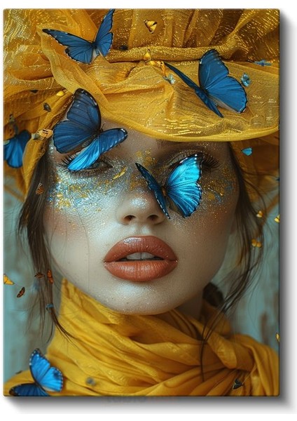 Mavi Kelebekler - Altın Sarısı Detaylı Portre Kanvas Tablo fiyatları