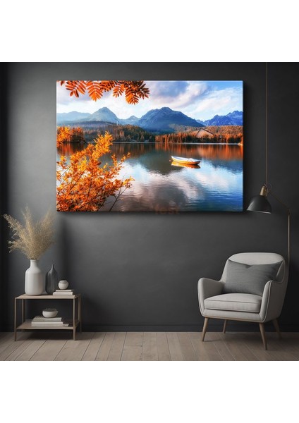 Dağ Gölü - Sonbahar Renkli Tekne Manzarası Kanvas Tablo