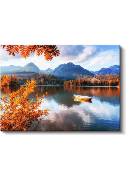 Dağ Gölü - Sonbahar Renkli Tekne Manzarası Kanvas Tablo fiyatları