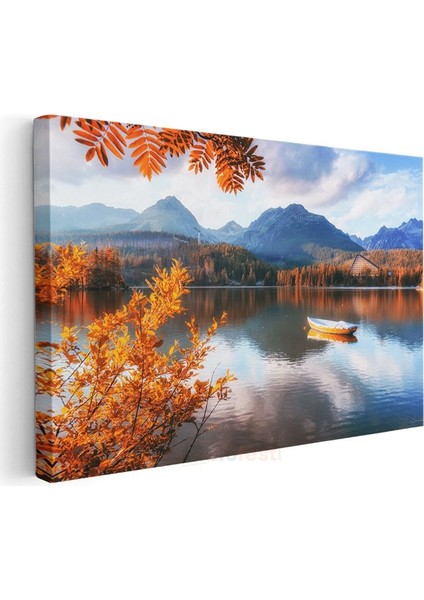Dağ Gölü - Sonbahar Renkli Tekne Manzarası Kanvas Tablo modelleri