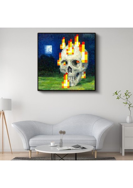 Minecraft - Skull On Fire Piksel Kanvas Tablo