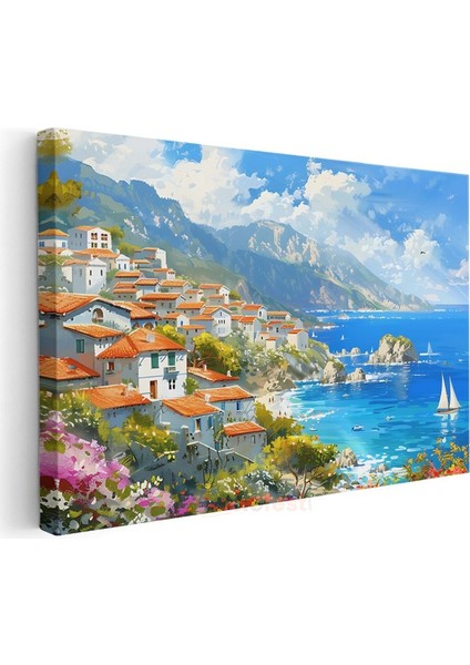 Akdeniz Kıyısı - Beyaz Evler ve Mavi Deniz Kanvas Tablo modelleri