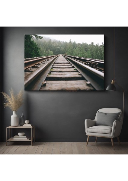 Orman Demiryolu - Sisli Çam Ağaçları Arasında Uzanan Hat Kanvas Tablo