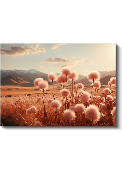 Pamuk Otu Vadisi - Gün Batımında Altın Renkli Dağ Silüetleri Kanvas Tablo fiyatları