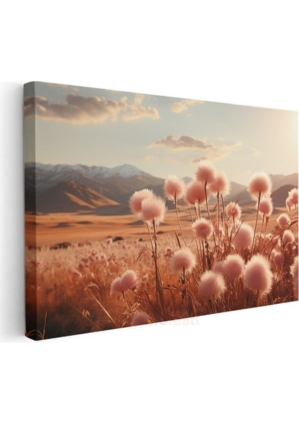 Pamuk Otu Vadisi - Gün Batımında Altın Renkli Dağ Silüetleri Kanvas Tablo modelleri