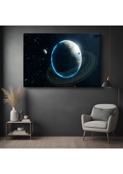 Mavi Gezegen - Işıltılı Halkaları ile Uzay Manzarası Kanvas Tablo
