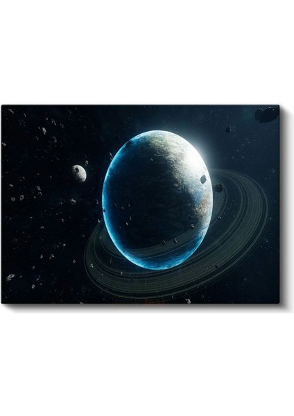 Mavi Gezegen - Işıltılı Halkaları ile Uzay Manzarası Kanvas Tablo fiyatları