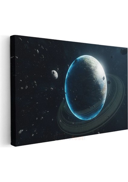 Mavi Gezegen - Işıltılı Halkaları ile Uzay Manzarası Kanvas Tablo modelleri