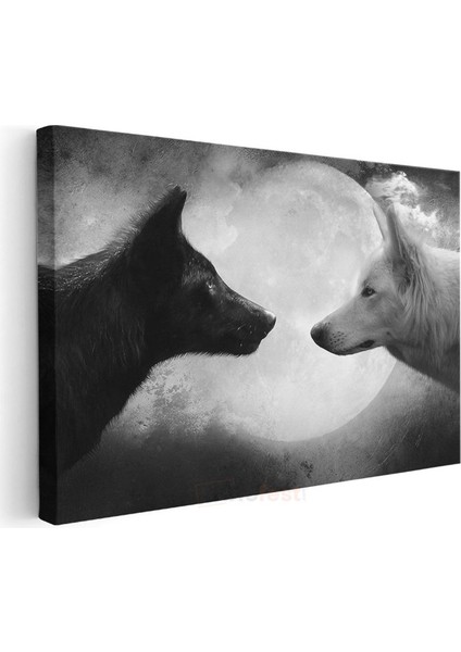 Karşılaşma - Ay Işığında Siyah ve Beyaz Kurt Portresi Kanvas Tablo modelleri