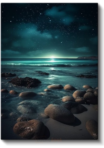 Yıldızlı Sahil - Gece Deniz Manzarası Kanvas Tablo fiyatları