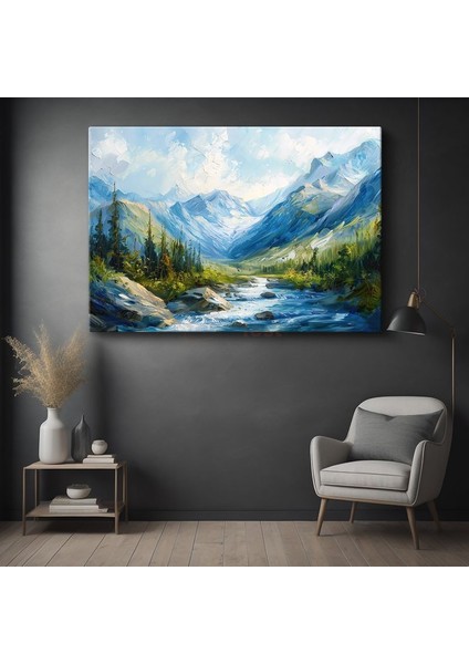 Dağ Vadisi - Mavi Sularla Buluşan Yeşil Orman Kanvas Tablo