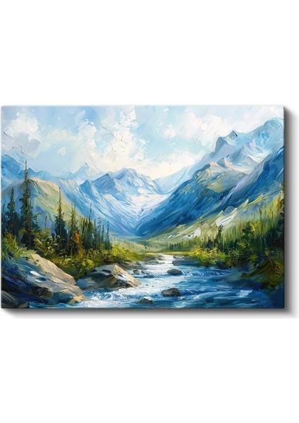 Dağ Vadisi - Mavi Sularla Buluşan Yeşil Orman Kanvas Tablo fiyatları