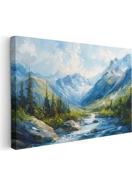 Dağ Vadisi - Mavi Sularla Buluşan Yeşil Orman Kanvas Tablo modelleri