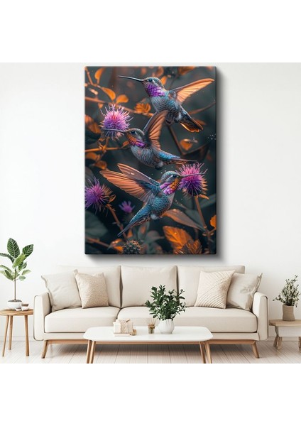 Sinek Kuşları - Mor Çiçekler Arasında Renkli Kanatlar Kanvas Tablo