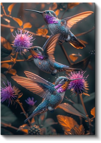 Sinek Kuşları - Mor Çiçekler Arasında Renkli Kanatlar Kanvas Tablo fiyatları