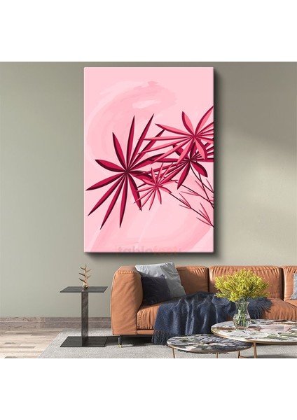 Kırmızı Yıldız Yapraklar - Pembe Tonlarında Geometrik Bitki Desenleri Kanvas Tablo