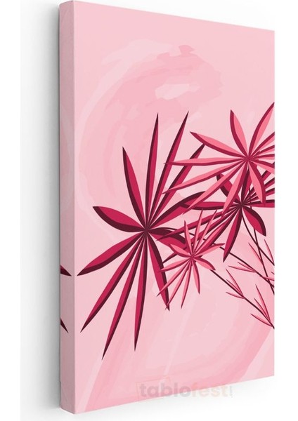 Kırmızı Yıldız Yapraklar - Pembe Tonlarında Geometrik Bitki Desenleri Kanvas Tablo modelleri