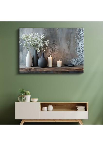 Minimalist Dekor - Beyaz Çiçekler ve Mumlar Kanvas Tablo