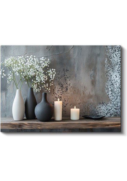 Minimalist Dekor - Beyaz Çiçekler ve Mumlar Kanvas Tablo fiyatları