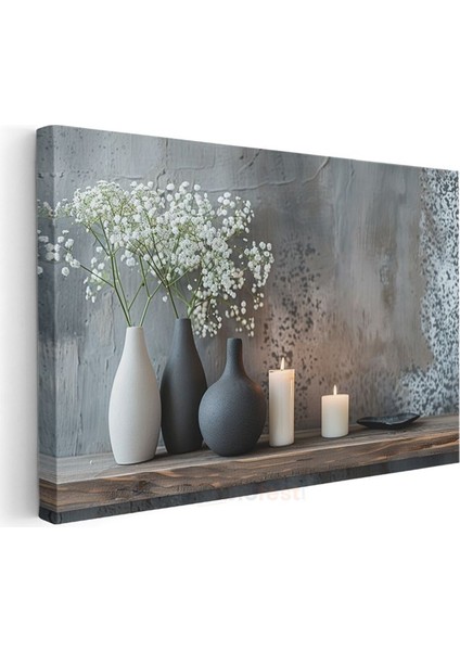 Minimalist Dekor - Beyaz Çiçekler ve Mumlar Kanvas Tablo modelleri