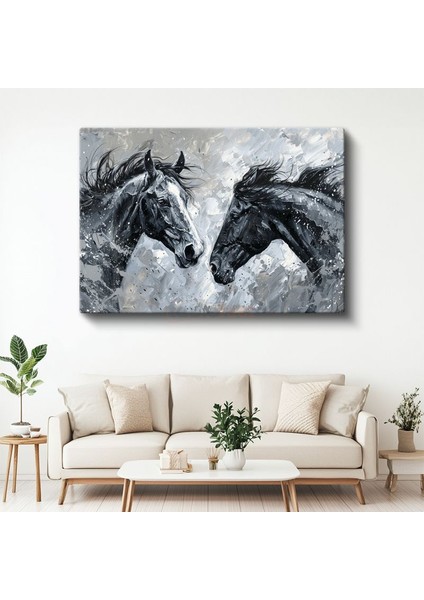 Siyah Beyaz Buluşma - Modern Tarzda At Başları Kanvas Tablo