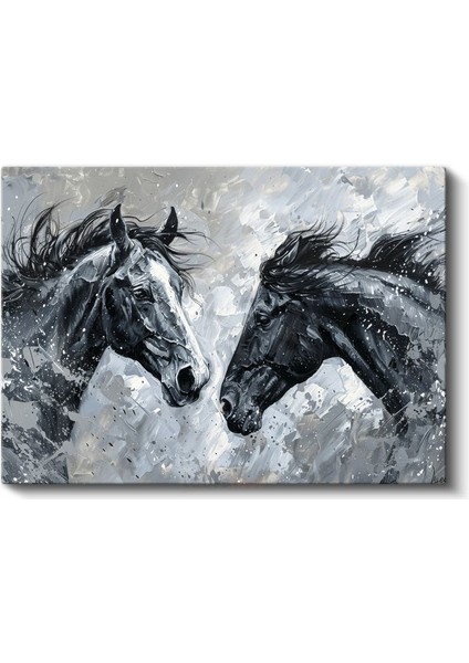 Siyah Beyaz Buluşma - Modern Tarzda At Başları Kanvas Tablo fiyatları