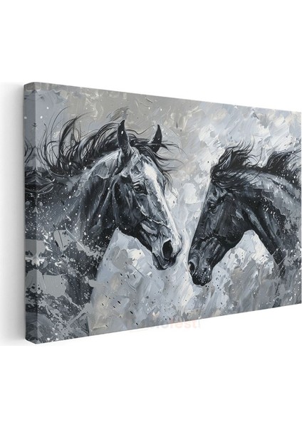Siyah Beyaz Buluşma - Modern Tarzda At Başları Kanvas Tablo modelleri