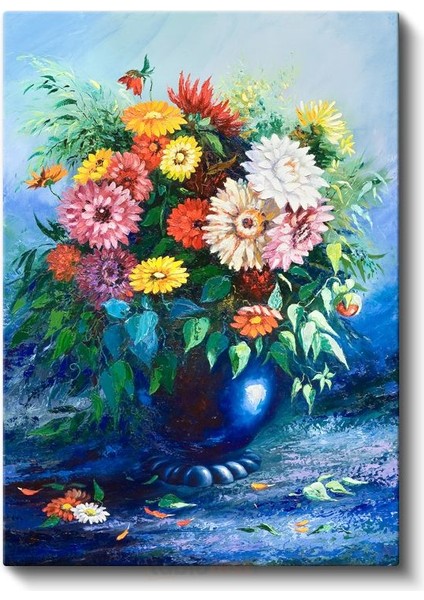 Renkli Papatyalar - Mavi Vazoda Çiçek Aranjmanı Kanvas Tablo fiyatları